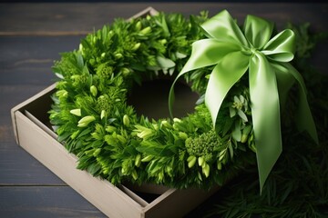 lush green wreath folded in a white box