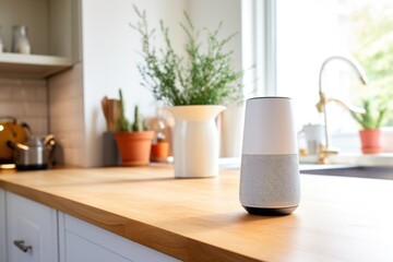 a voice assistant device in a bright, modern kitchen