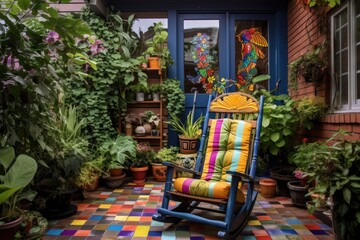 a colorful rocking chair on a brick patio, surrounded by green plants