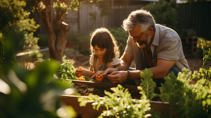 children planting in garden with grandparents 