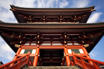 low angle of a towering shinto shrine gate - obrazy, fototapety, plakaty