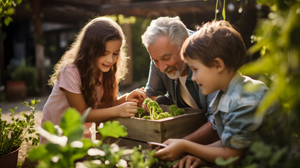 children planting in garden with grandparents  - obrazy, fototapety, plakaty