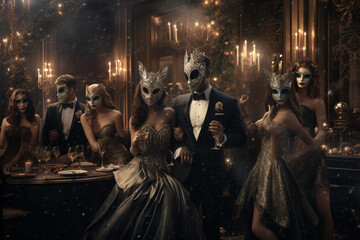 friends attended a masquerade ball, dancing the night away in elegant attire.