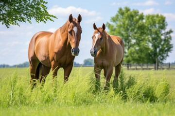 two horses grazing in the same grass patch