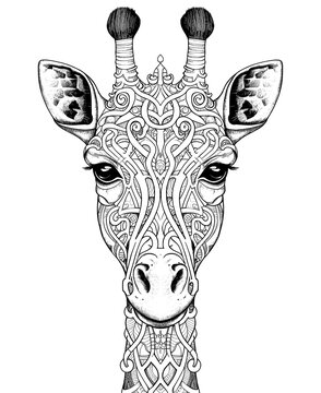 Black and white illustration for coloring animals,giraffe.