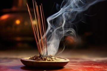 close view of a burning incense stick with smoke