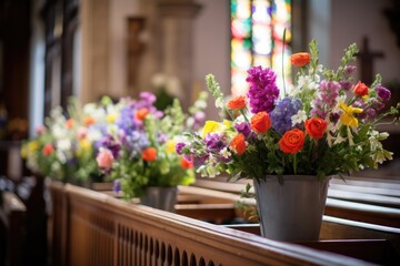 Fototapeta na wymiar fresh flowers arranged in a church