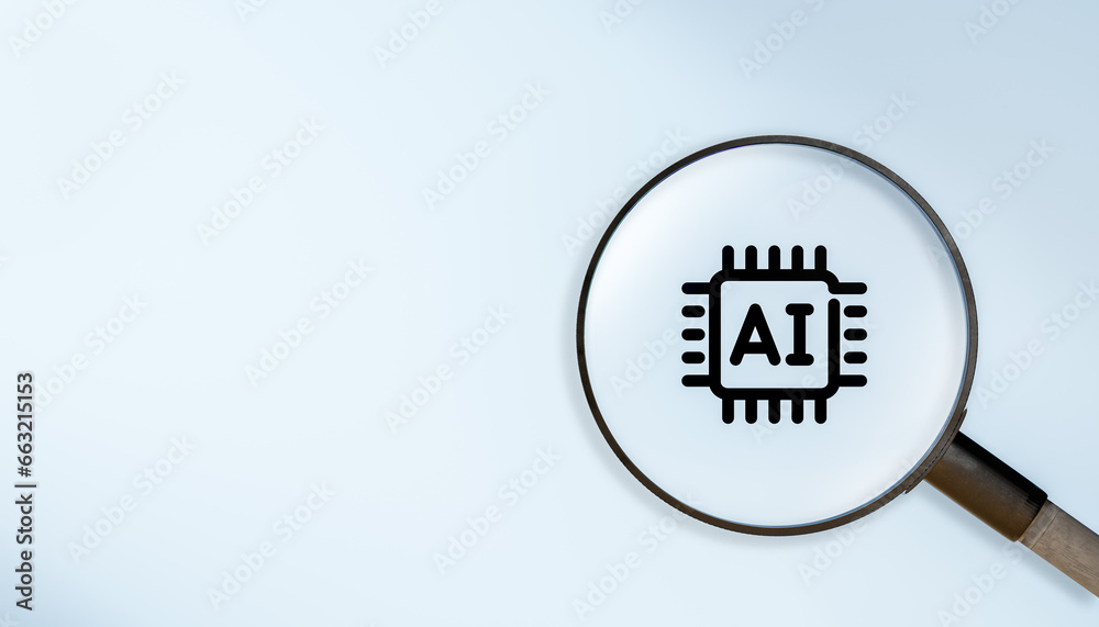 Poster ai, artificial intelligence concept. magnifying glass with ai data icon on blue background with copy
