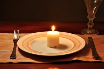 a lone candle burning next to an empty plate