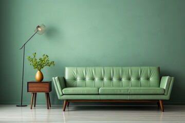 Mid-century, retro, vintage style home interior design of a modern living room. Light green leather sofa against wall with copy space. 