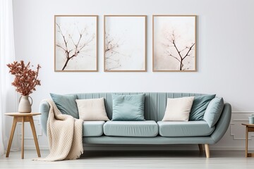 modern living room with light blue sofa and posters frames on wall