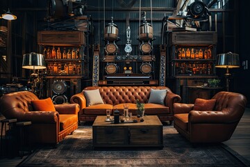 Trendy mancave interior with speakers and audio equipment, gentlemen room with down leather Chesterfield sofa and whiskey - obrazy, fototapety, plakaty