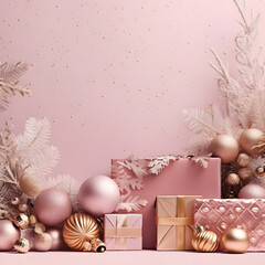 pink christmas banner with empty space for text, gold background, gift boxes, fir branches, silver gold ornaments - obrazy, fototapety, plakaty