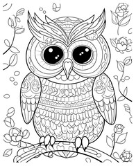 Fototapeta premium Black and white illustration for coloring birds, owl.