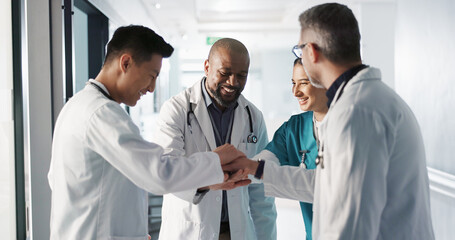 Doctors, nurses and hands together, applause and support, success or collaboration for hospital goals and teamwork. Medical or healthcare people clapping and stack for clinic mission and celebration - obrazy, fototapety, plakaty