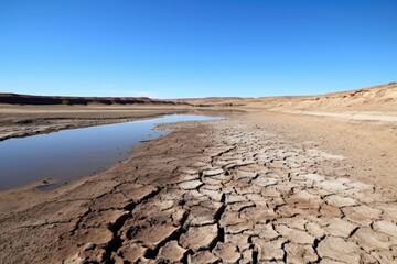 a dried-up lake under a clear sky
