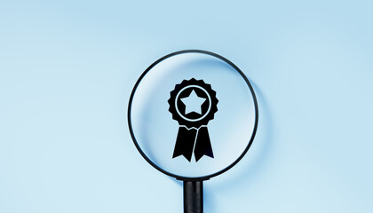 Magnifying glass focuses on quality warranty icon, quality assurance, ISO certification, and...