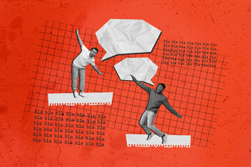 Creative poster collage of two friends speak talk communication speech bubble red poster coworking...