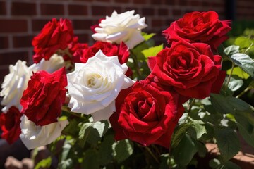 Naklejka premium red and white roses mixed together in a flower bed