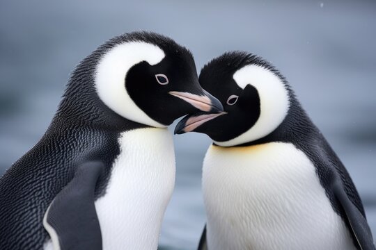 pair of penguins touching beaks