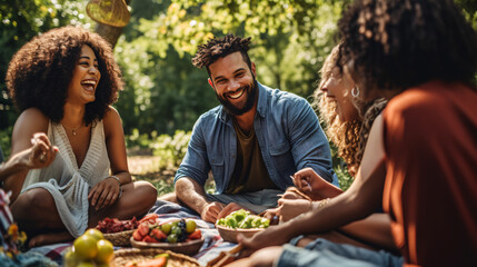 A diverse assembly of acquaintances rejoicing in unity at a park outing.