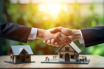 Handshake Real estate brokerage agent Deliver a sample of a model house to the customer, mortgage loan agreement Making lease and buy and sell house And contract home insurance mortgage loan concept