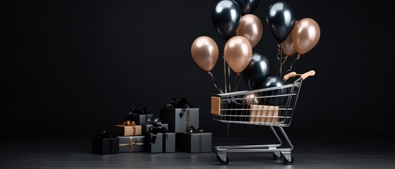Shopping cart with gifts and balloons. sale. shopping.