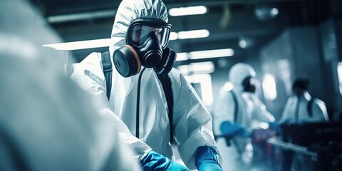 Specialist in protective suits for cleaning and disinfection of cells from the coronavirus epidemic - obrazy, fototapety, plakaty