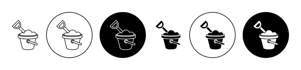 Sand bucket icon set. children beach play sand bucket with shovel vector symbol in black filled and outlined style. - obrazy, fototapety, plakaty