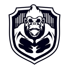 Gorilla Shield Logo. gorilla and shield vector badge logo template. gorilla simple silhouette shield logo.