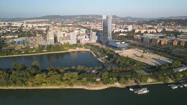 High Aerial Drone Shot Above Budapest Financial District at MOL Campus