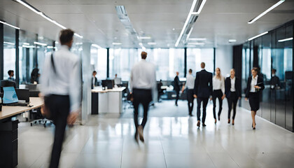 Bright business workplace with people in walking in blurred motion in modern office space