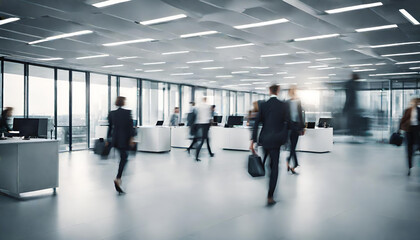 Fototapeta na wymiar Bright business workplace with people in walking in blurred motion in modern office space