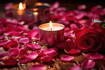 rose petals scattered around a burning candle