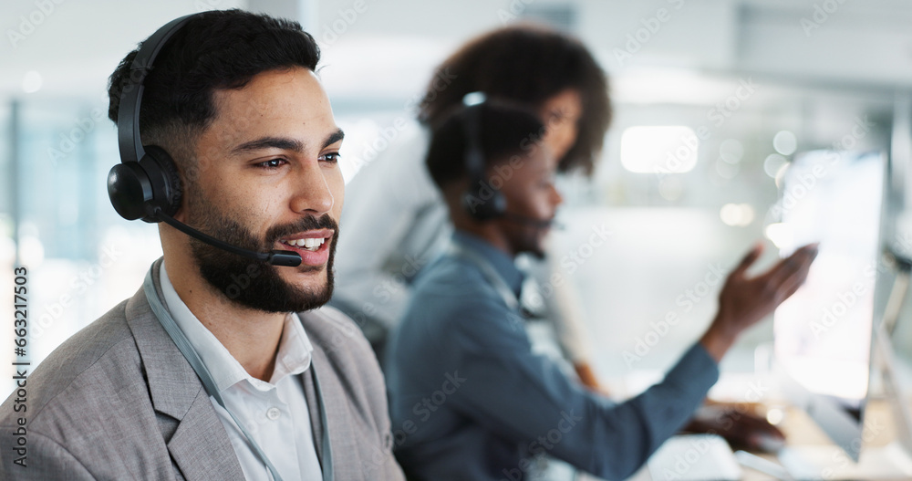 Wall mural computer, call center and happy man talking, crm and support at help desk office. technology, custom