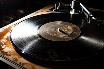 scratched vinyl record on a dusty turntable