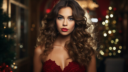 Glamorous brunette in scarlet garb with luxuriant locks adorned in makeup, atop a glimmering Christmas party backdrop, exudes fashion-savvy beauty. - obrazy, fototapety, plakaty