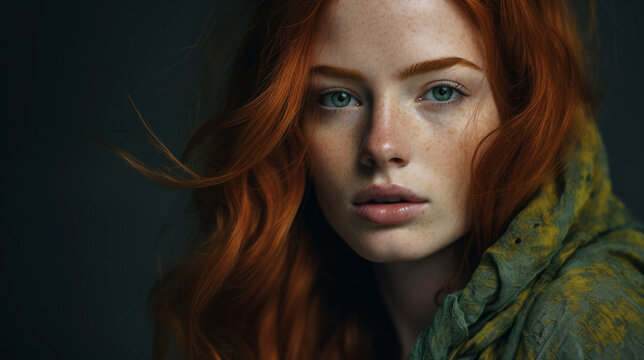 A Portrait of a Young Woman with Red Hair and Freckles