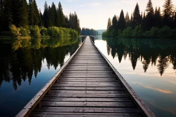 Keuken spatwand met foto a wooden bridge path over a tranquil lake © Alfazet Chronicles
