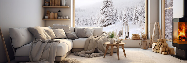 Warm living room with window with winter view