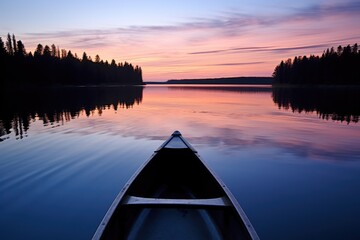 a canoe facing a calm lake at dusk