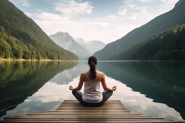 Young woman in sportswear practicing yoga without stress in nature. Female in sportswear sitting in lotus pose. Generative AI