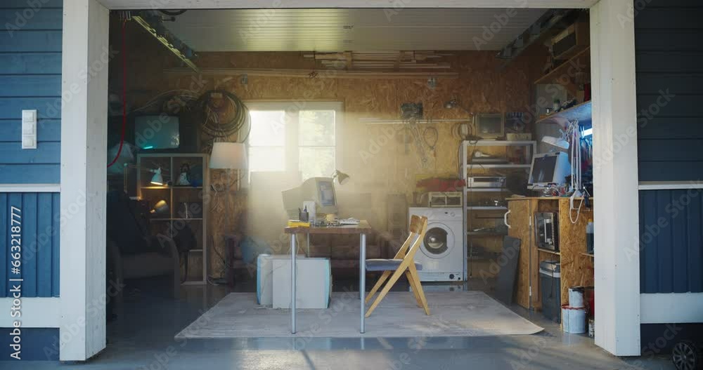 Aufkleber establishing shot of empty workplace with old desktop computer in retro garage with random appliance