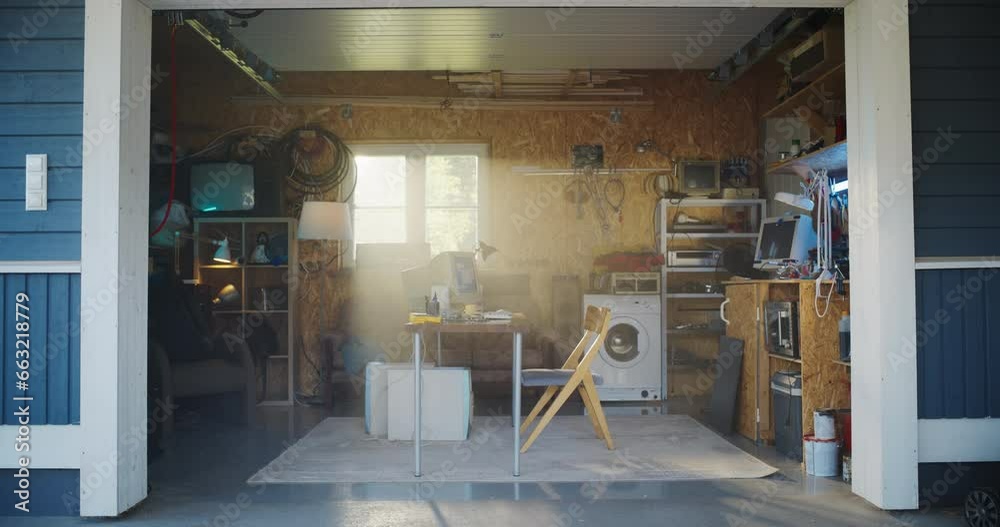 Aufkleber establishing shot of empty workplace with old desktop computer in retro garage with random home appl