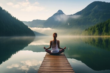 Young woman in sportswear practicing yoga without stress in nature. Female in sportswear sitting in lotus pose. Generative AI