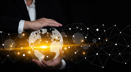 Businessman generating wireframe business global network connection on worldwide digital marketing...