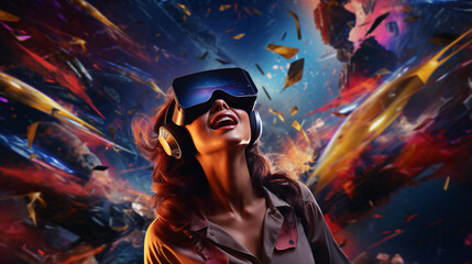 Vibrant female joyfully reveling in the metaverse wearing 3D avatar,virtual reality goggles. - obrazy, fototapety, plakaty