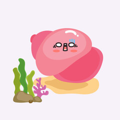 Vector adorable pink oysters surprised at the beach cartoon illustration