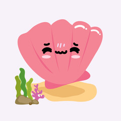 Vector cute and happy pink oysters at the beach cartoon illustration