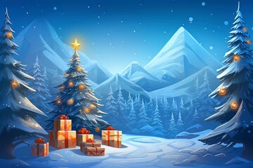 presents with glowing christmas tree at night in the snow, vibrant stage backdrops, mountainous vistas, generative ai - obrazy, fototapety, plakaty